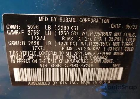 2022 Subaru Outback Wilderness z USA, uszkodzony, nr VIN 4S4BTGUD1N3243209